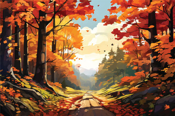 Obraz na płótnie Canvas Road through a maple forest. Vector Illustration. An autumnal wonderland in the jungle. Beautiful view of the autumn forest in the morning. Maple forest landscape Illustration. 