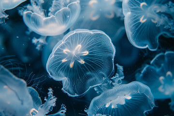 Graceful ballet of jellyfish pulsating rhythmically in the deep sea.