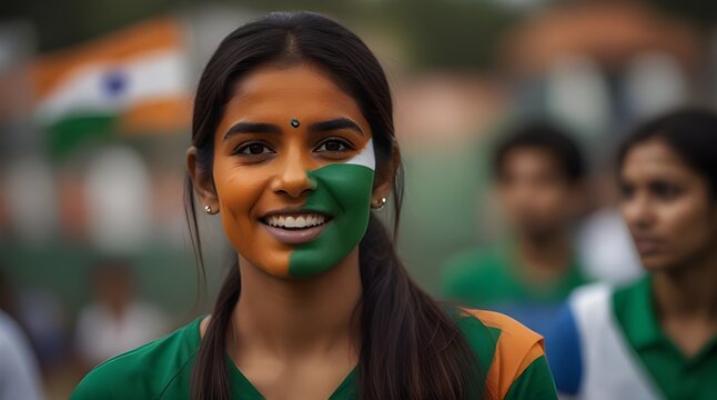 Happy Indian woman supporter with face painted in India flag colors, green white and orange.generative.ai