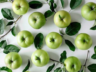 Top view of fresh green apples, mellow and ripe fruits, arranged on a white desk. The plant's vibrant green leaves complement the colors of the fruits, 