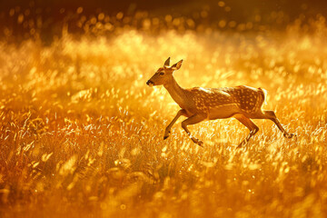 Graceful deer leaping gracefully through a golden meadow.
