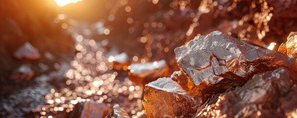 array of rough rocks illuminated by a warm, golden sunlight with light flares, giving a serene yet...