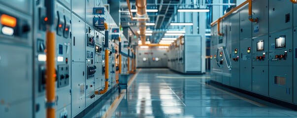 Fototapeta premium A corridor in an industrial control room with high-tech equipment displays modern technological advancement and complex operations.