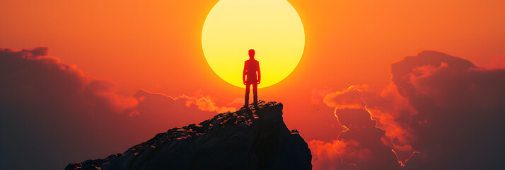 Successful man on top at sunset concept Team leadership standing on the mountain creative idea Traveling and climbing the cliff, Silhouette of A Victorious Hero On Mountain Top Against Dramatic Sunset