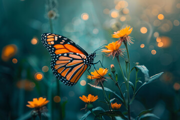 Graceful monarch butterfly delicately perched on a blooming wildflower. - Powered by Adobe