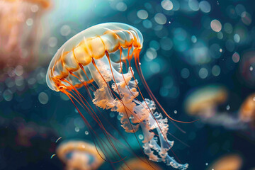 Graceful jellyfish floating effortlessly in the depths of the ocean. - obrazy, fototapety, plakaty