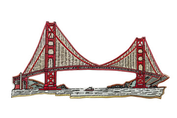 Fototapeta premium Embroidered patch badge showcasing a renowned red suspension bridge over a strait, isolated on transparent background. Iconic landmark and engineering marvel concept