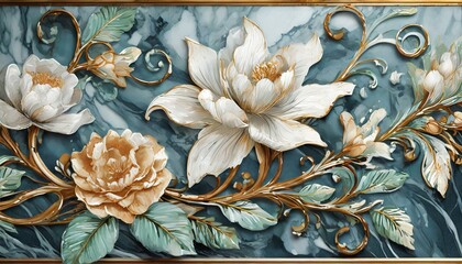 panel wall art, marble background with flowers designs , Ai Generate