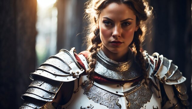 a female white theme knight warrior on medieval era with glowing armor from Generative AI