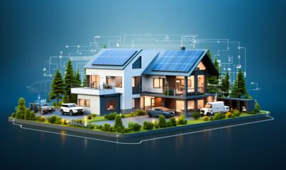 Battery packs infographic, smart home solar panels roof, clean energy storage system, sustainable backup power solutions