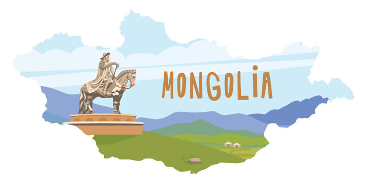 Monument to Genghis Khan in the Mongolian steppe near Ulaanbaatar. Horseman sculpture, vector. Founder of the Mongol Empire, leader of the nomads. Map of Mongolia.