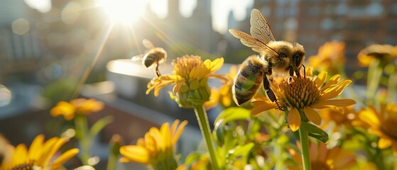 Bees buzzing amid rooftop gardens pollinating blooms - obrazy, fototapety, plakaty