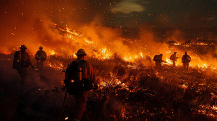 A group of brave firefighters confront a raging wildfire under a night sky, surrounded by flying embers and flames. - obrazy, fototapety, plakaty