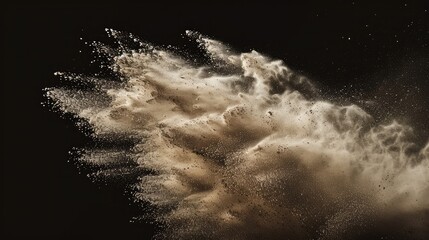Abstract sand cloud.Golden colored sand splash agianst dark background.Yellow sand fly wave in the air. Sand explode on black background ,throwing freeze stop motion concept. - obrazy, fototapety, plakaty