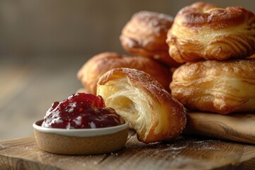 Fototapeta premium Beignets on a wooden cutting board, with a small bowl of raspberry jam