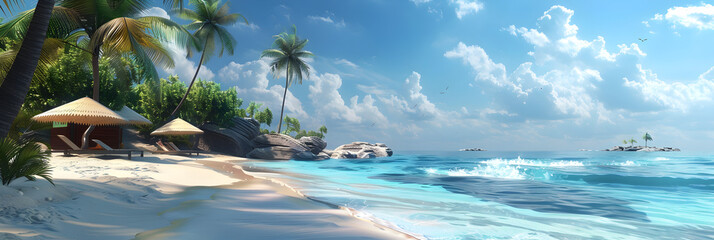 Tropical island with trees, Summer holiday on tropical sea and sandy beach background. 