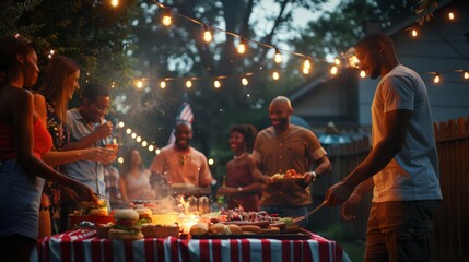 Group of friends enjoying a backyard barbecue party at dusk with string lights. Summer gathering and celebration concept. - obrazy, fototapety, plakaty