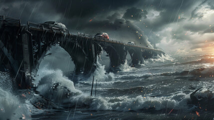 Vehicles brave a treacherous journey as they cross a coastal bridge engulfed by stormy seas and violent waves under a tempestuous sky. - obrazy, fototapety, plakaty