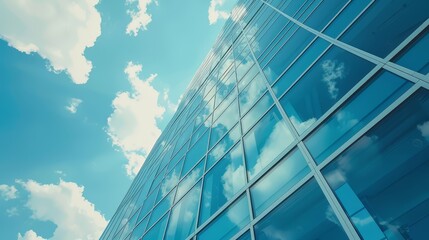 Fototapeta na wymiar Modern office building facade with reflections of sky and clouds. Architectural photography with an upward view.