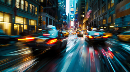 Fototapeta na wymiar The dynamic blur of city traffic captured at dusk, showcasing the bustling urban life and vibrant energy of the cityscape.