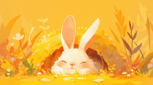 A cheerful cartoon rabbit happily resides in a cozy burrow
