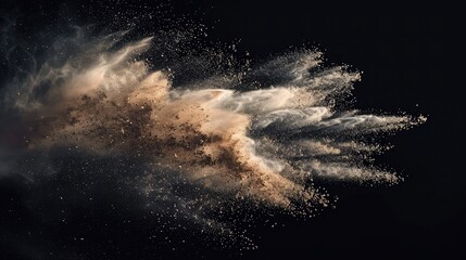 Abstract sand cloud.Golden colored sand splash agianst dark background.Yellow sand fly wave in the air. Sand explode on black background ,throwing freeze stop motion concept. - obrazy, fototapety, plakaty