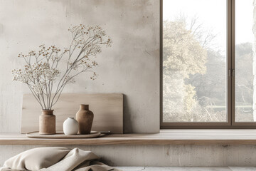 Fototapeta na wymiar Serene interiors composition with minimalist furniture and elegance.