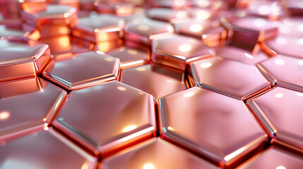 Luxurious pink and gold hexagon pattern, offering an elegant and futuristic design. This abstract background features a shiny, 3D grid, perfect for adding a touch of sophistication to your projects