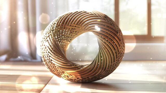 realistic render of a toroidal shape with wicker material. interior orament.  seamless looping overlay 4k virtual video animation background