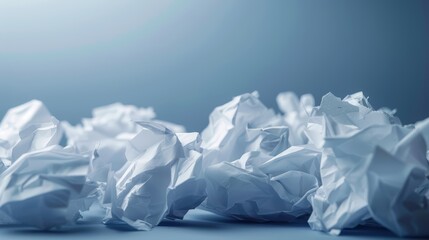 Crumpled white papers on a blue background. Creative challenge and brainstorming concept