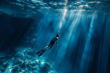Scuba Diver Exploring Underwater Sunbeams - obrazy, fototapety, plakaty
