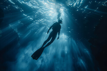 Scuba Diver Exploring Underwater Sunbeams