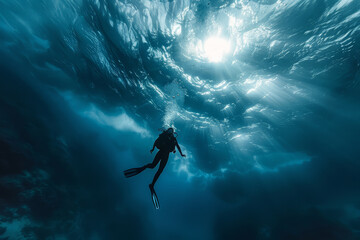 Scuba Diver Exploring Underwater Sunbeams