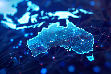 Abstract digital blue outline of Australia on a dark background. Network connections.