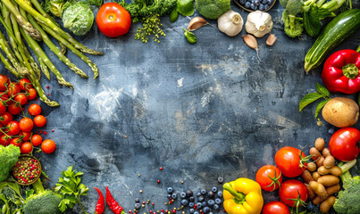 Vegetables and fruits on black stone countertop, rustic background. Top view with copy space