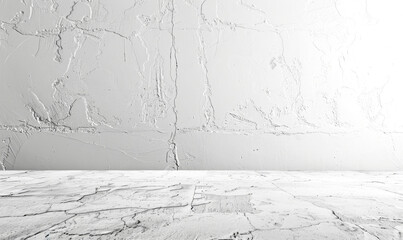 White cracked cement floor in front of a white textured plastered wall
