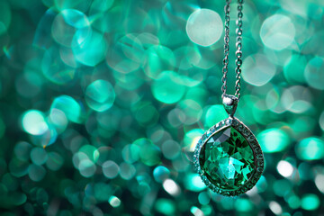 Jewelry pendant with emerald on bokeh background
