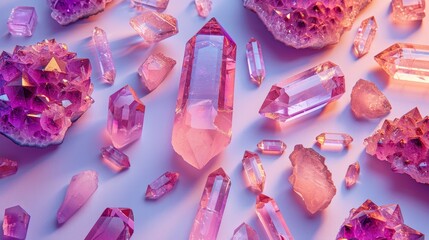 Vibrant collection of amethyst quartz crystals and pink stones, each crystal distinct and radiant against a minimalist background