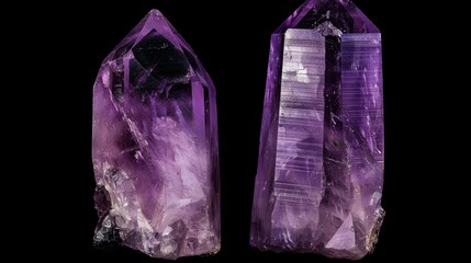 Tall amethyst quartz crystals standing majestically, deep violet hues, on a clean black background for contrast