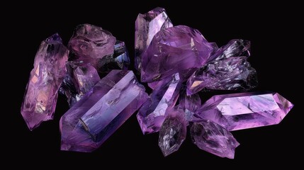 Sleek and stylish portrayal of amethyst quartz crystals, focusing on their translucent edges and deep purple shades, on a minimalistic black background