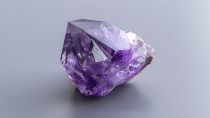 Simple yet captivating single amethyst crystal, showcased on a seamless grey background, emphasizing natural beauty