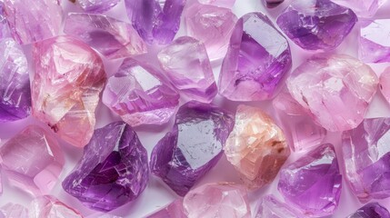 Pink and purple amethyst stones arranged in a clean, minimalist fashion, ideal for modern home decor or healing stone promotions