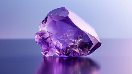 Minimalist design of vivid purple amethyst, crystal clear clarity, isolated on a reflective surface for a modern look