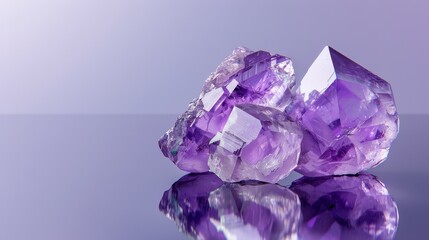 Minimalist design of vivid purple amethyst, crystal clear clarity, isolated on a reflective surface for a modern look