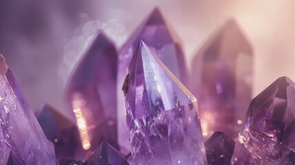 Macro shot of an amethyst quartz crystal cluster, featuring vibrant shades of purple and a minimalist design on a clean background - obrazy, fototapety, plakaty