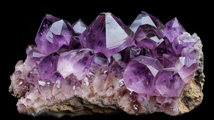Macro shot of an amethyst crystal cluster, showcasing sharp points and a rich, saturated purple color, isolated clarity