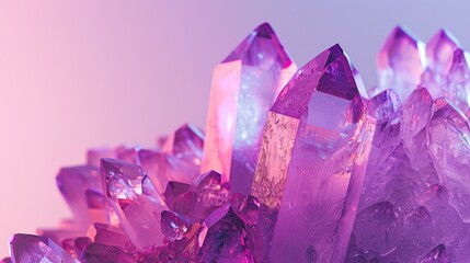 Macro shot of an amethyst quartz crystal cluster, featuring vibrant shades of purple and a minimalist design on a clean background