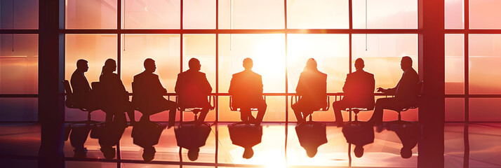  A silhouette of a business meeting during a dramatic sunset, reflections on a shiny table. Mood earnest professionalism, Silhouette Business People Discussion Meeting Cityscape Team Concept 