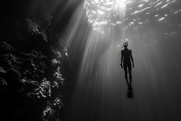 Scuba Diver Exploring Underwater Sunbeams - obrazy, fototapety, plakaty