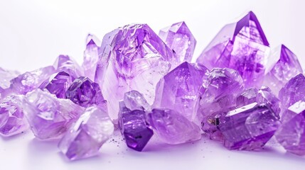 Lush violet amethyst crystals on a stark white background, macro shot of shimmering facets, minimalistic style, ideal for gem enthusiasts
